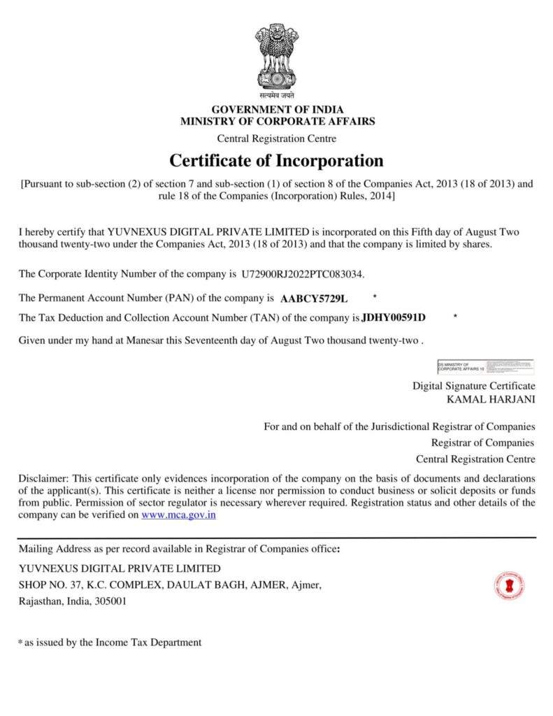 Accreditations-Ceritifcate Of Incorporation